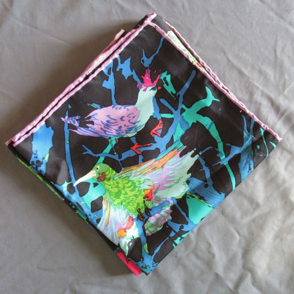 Vintage Ken Scott Scarf Womens Silk Dark Tropical Jungle Birds Novelty Colorful - Picture 5 of 15